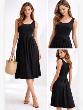 Elegant Black Sleeveless Midi Dress Pleated Waist Minimalist Women Size M New